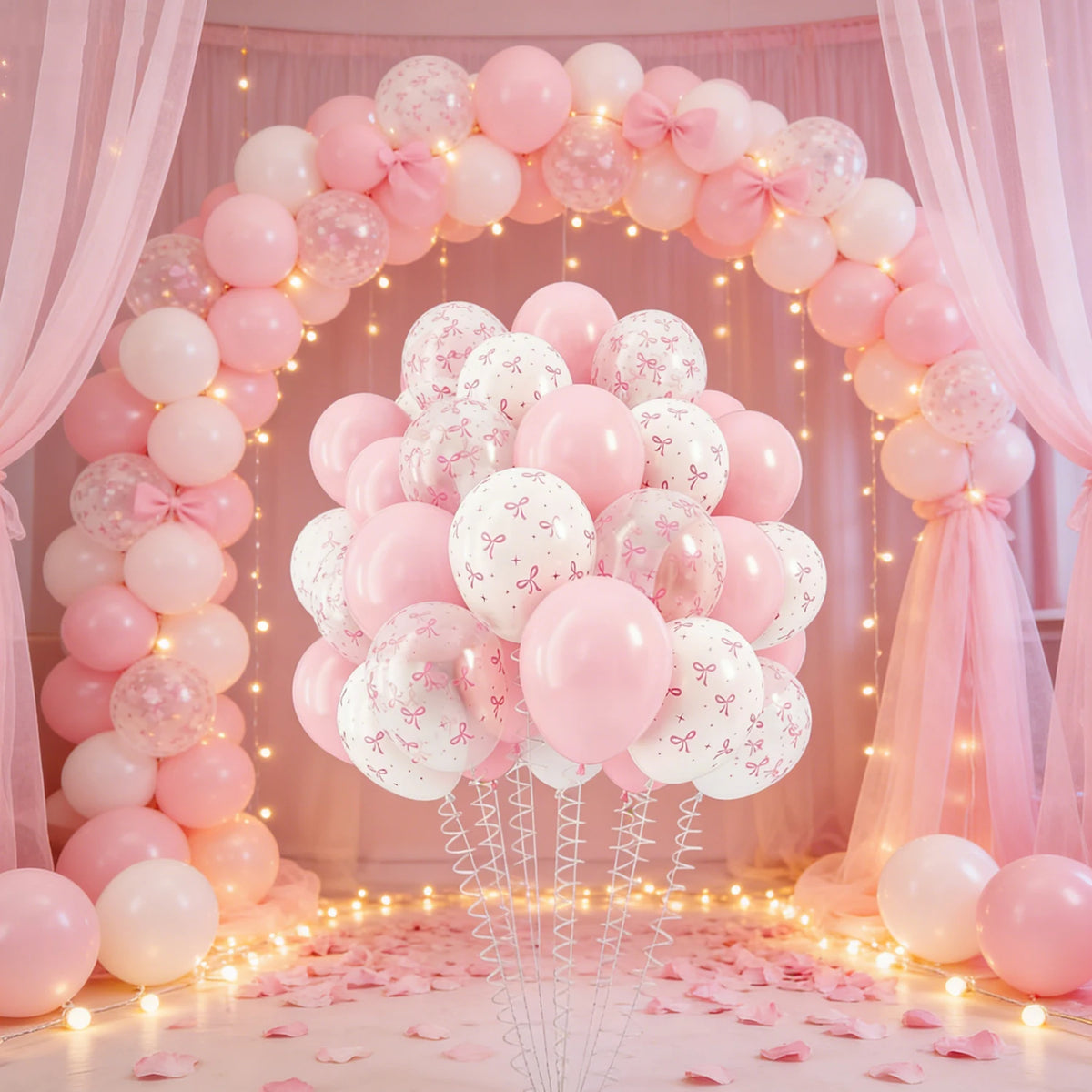 An archway decorated with pink and white balloons and sheer fabric, set up for an event.