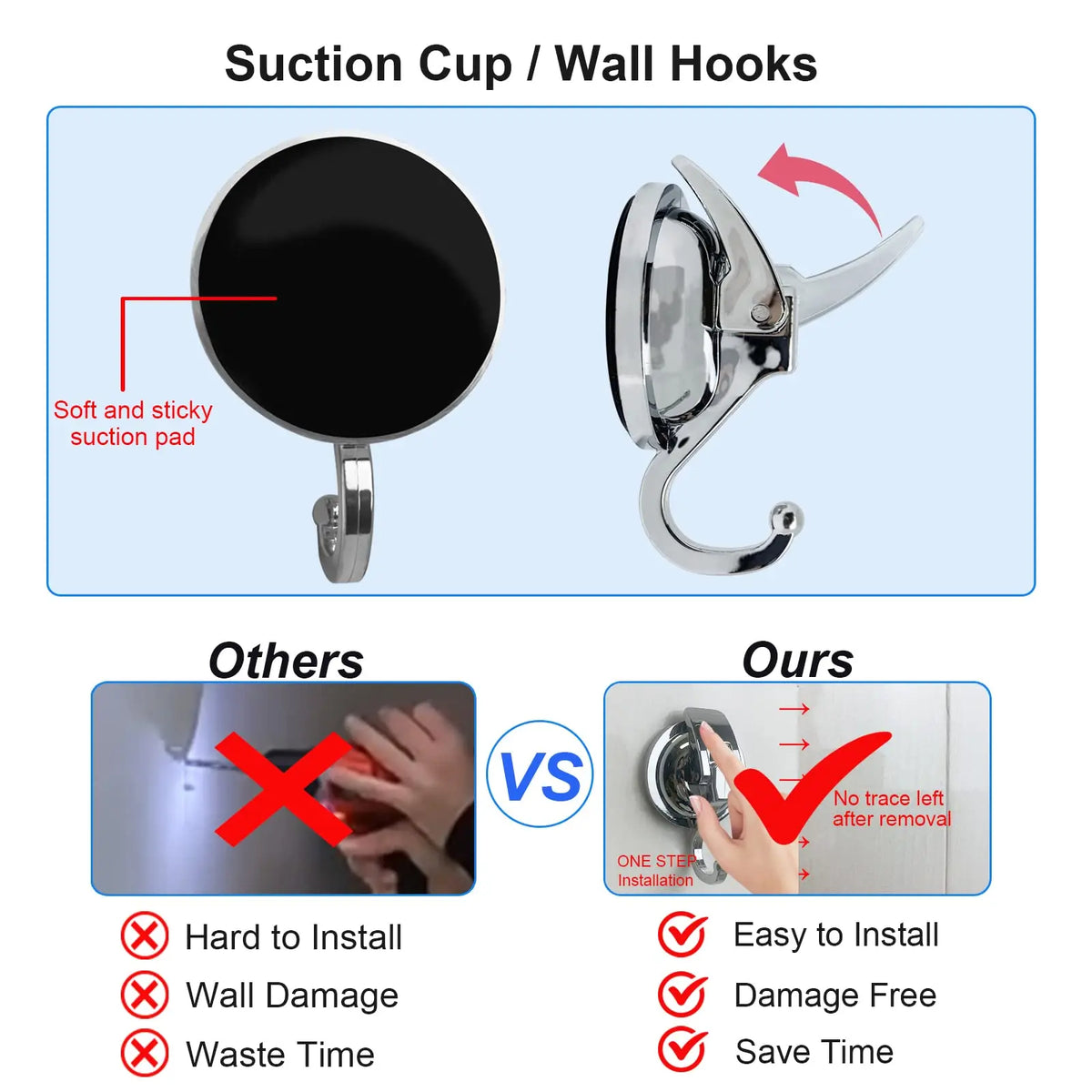 Image showing suction cup and wall hooks with comparison text highlighting ease of installation and damage-free removal.