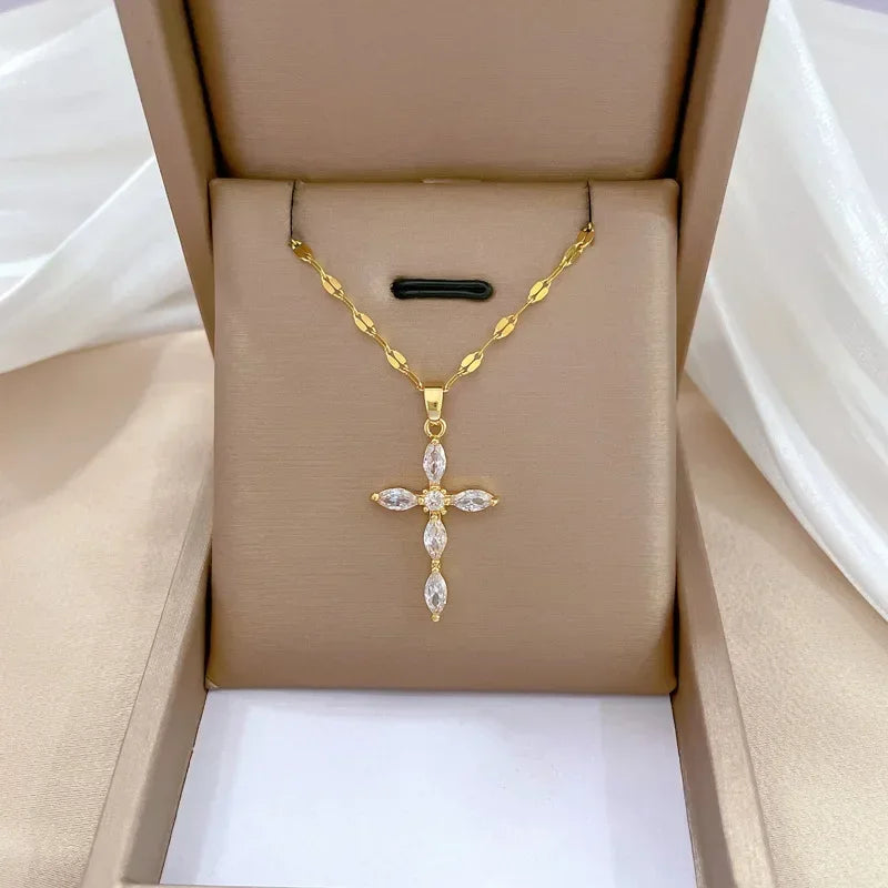 Gold Stainless Steel Crystal Cross Pendant Necklace