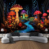 A dark tapestry wall decor featuring glowing mushrooms and a blue light stream.