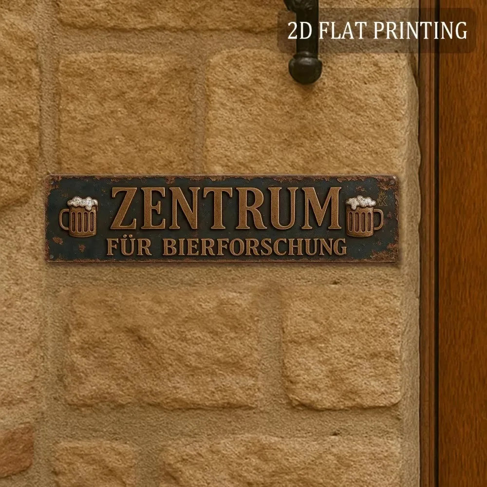 A dark metal sign with the text ZENTRUM FÜR BIERFORSCHUNG is mounted on a light stone wall.