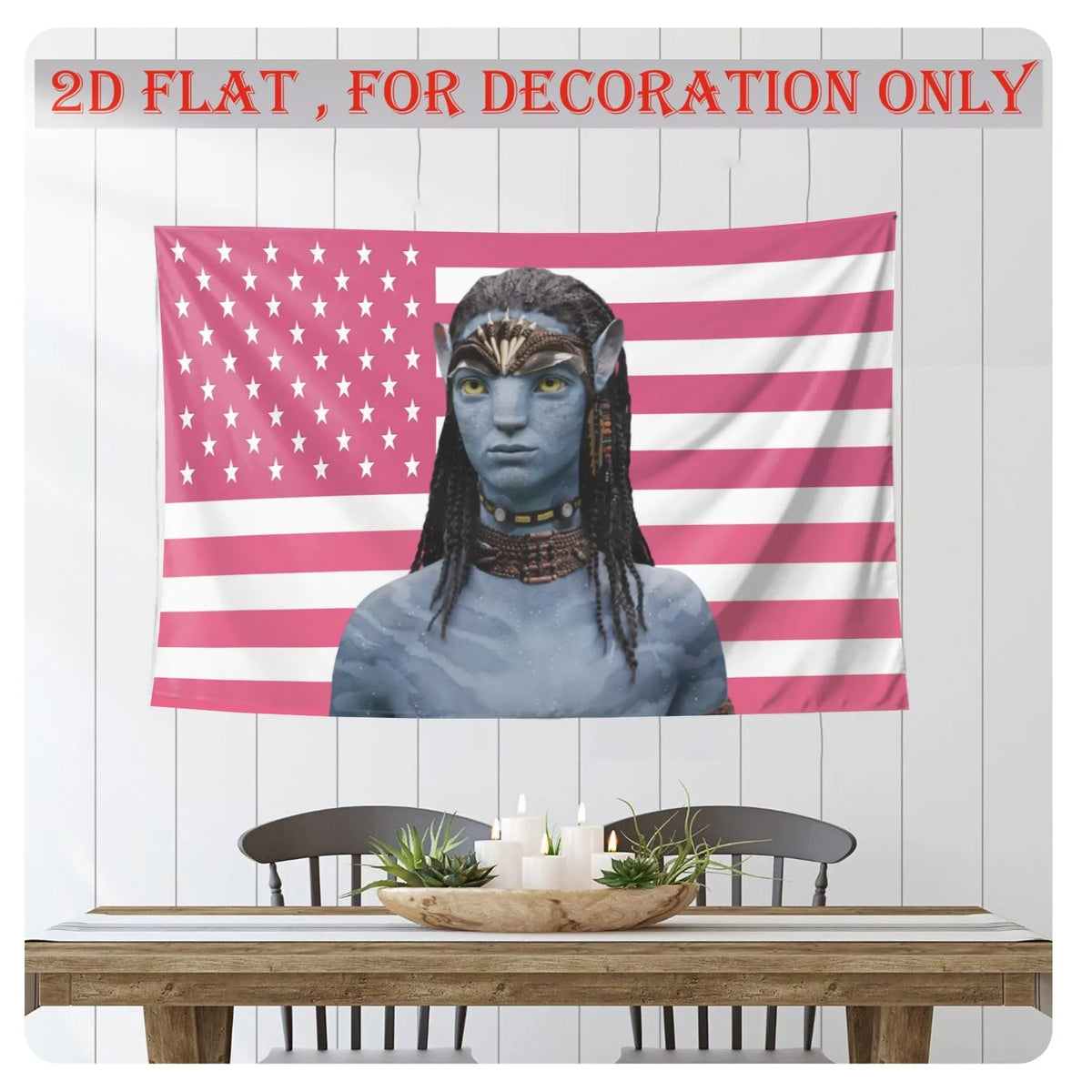 A 2D flat print of an avatar-inspired Neytiri figure on a pink and white striped flag tapestry.