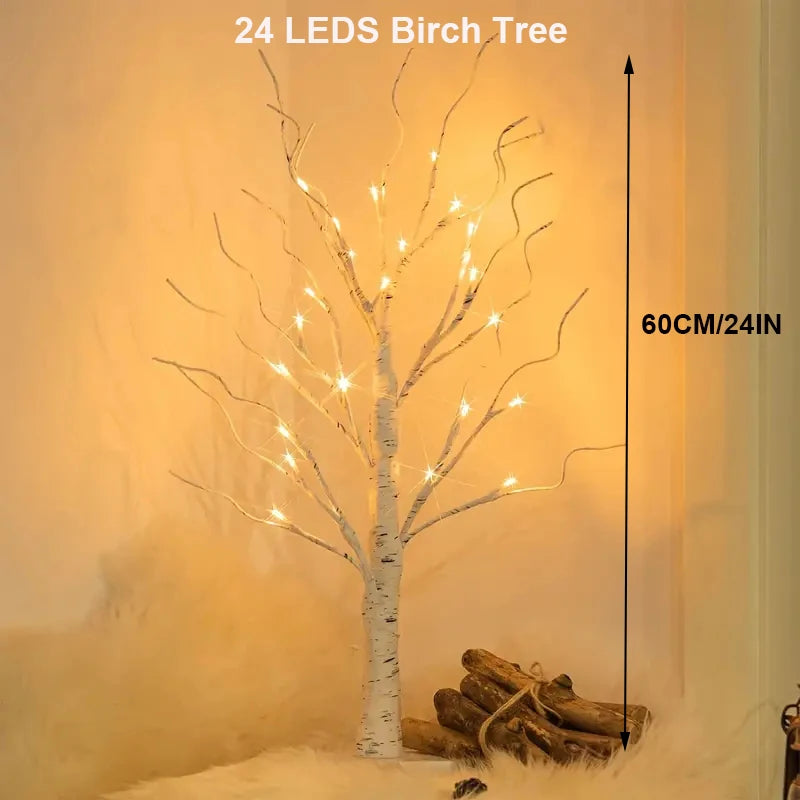 A 60cm birch tree decoration made of 24 LEDs lights displayed in a warm, indoor setting.