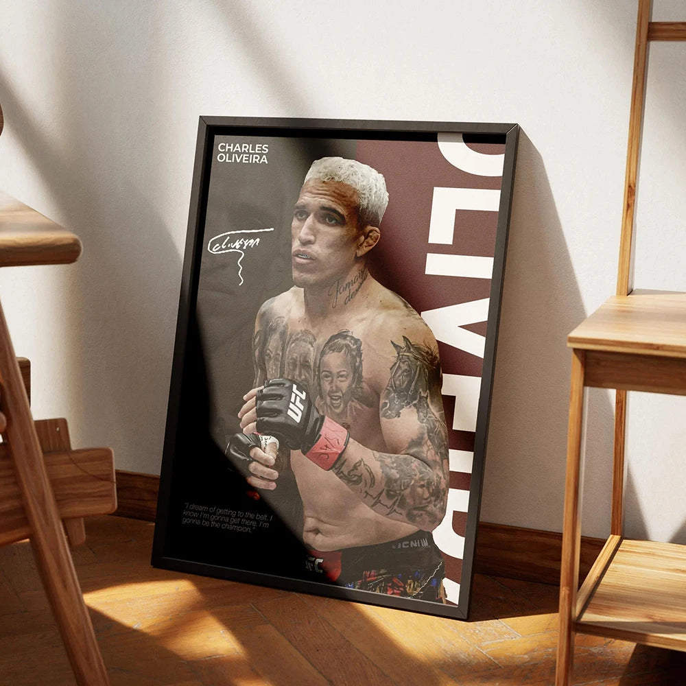 A framed portrait of Charles Oliveira in a boxing stance, featuring his face and tattoos.