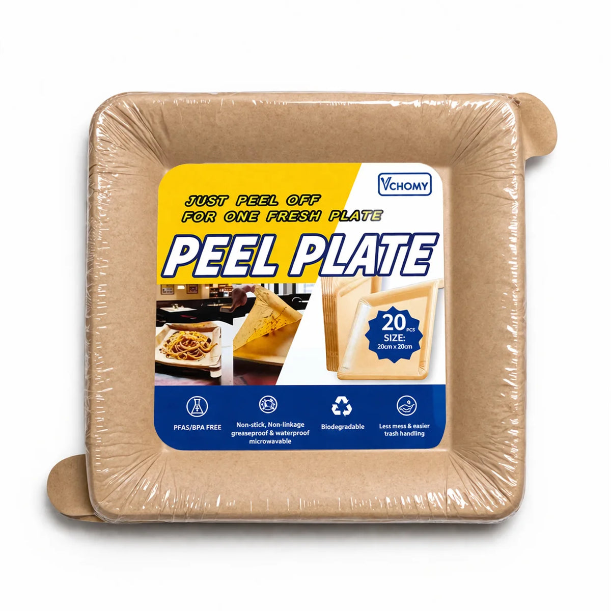 A package of 20 peel-off disposable kraft paper plates with branding and usage instructions.
