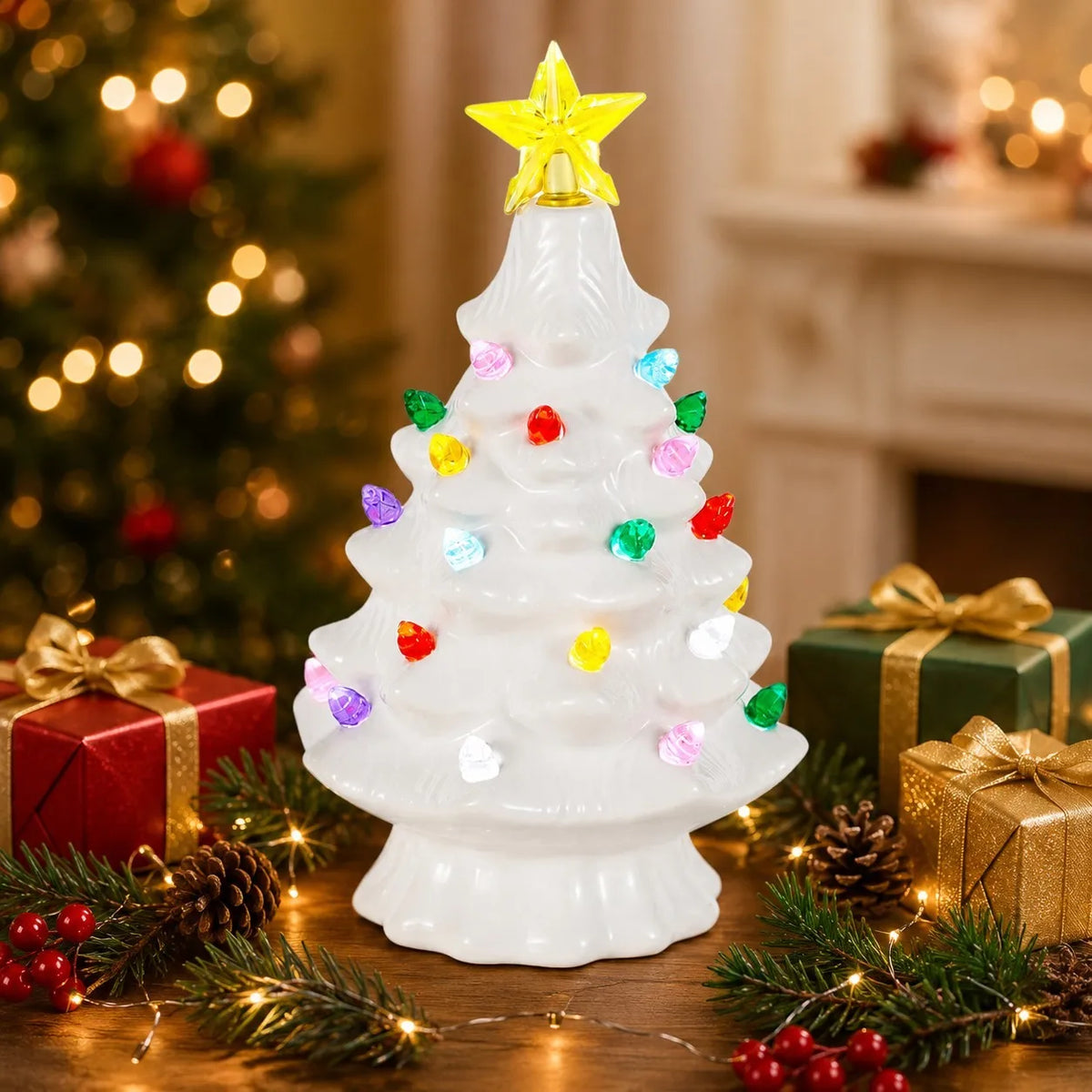 A white ceramic Christmas tree decorated with multicolor LED lights, surrounded by pine branches and wrapped gifts.