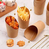 A collection of disposable kraft paper cups used for serving french fries and other snacks.
