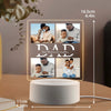 A white acrylic night light displaying a photo of a father and his children, with dimensions provided.