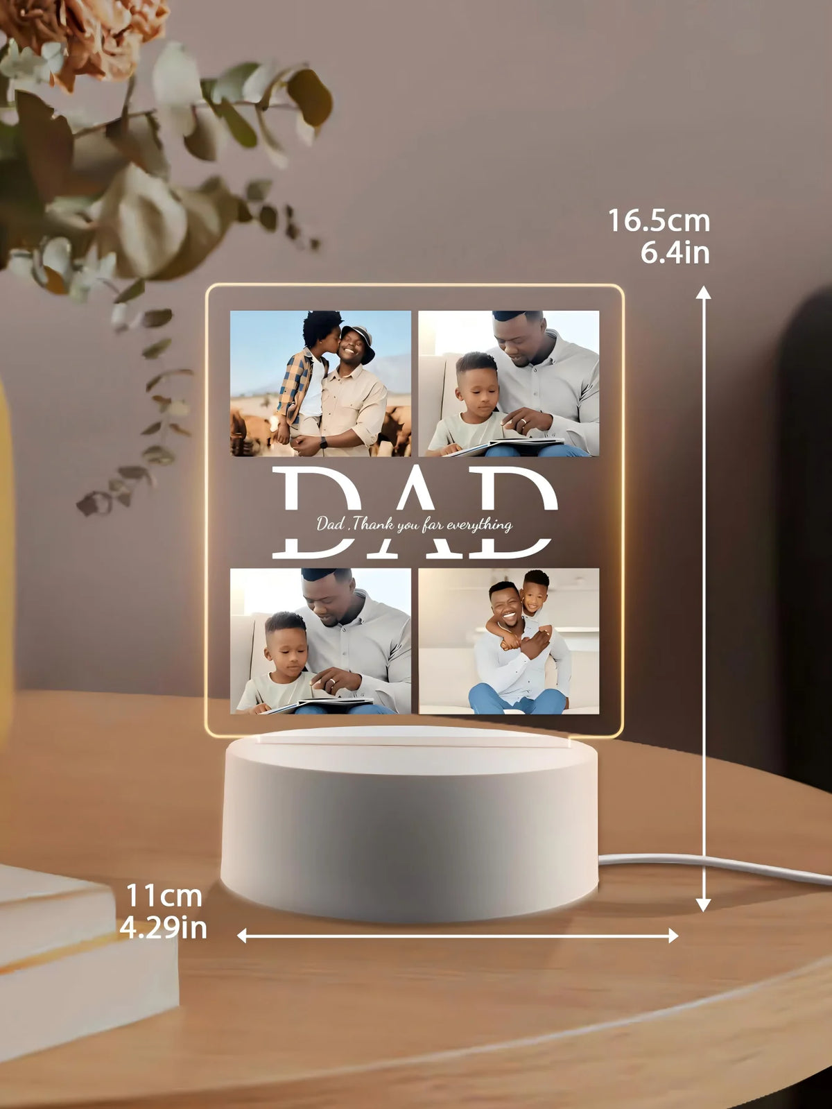 A white acrylic night light displaying a photo of a father and his children, with dimensions provided.