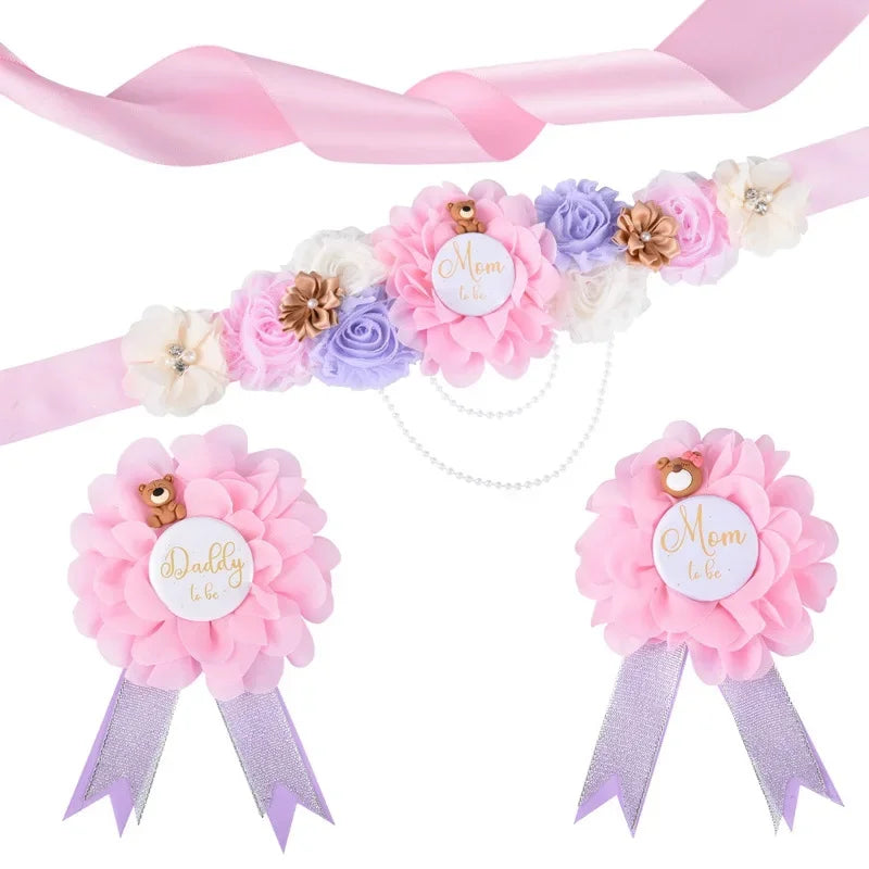 Pink floral maternity sash and corsage pin set with lavender ribbon