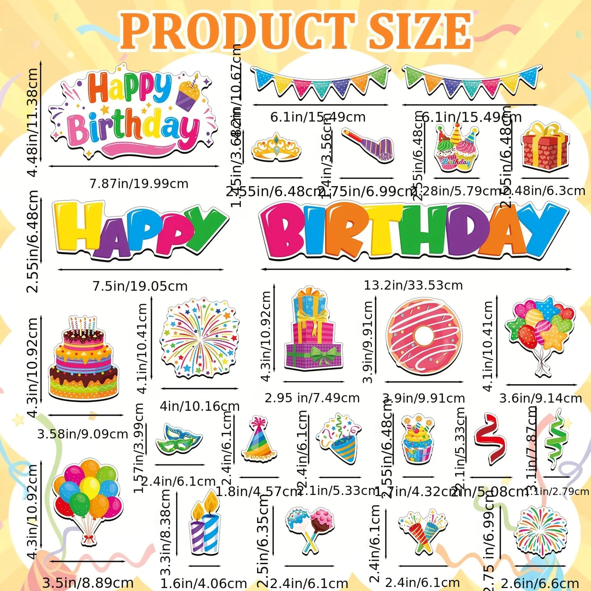 A collection of colorful birthday-themed magnets and decor items for a cruise door or fridge.