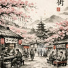 A watercolor painting depicting a street scene with cherry blossoms, traditional buildings, and people enjoying food.