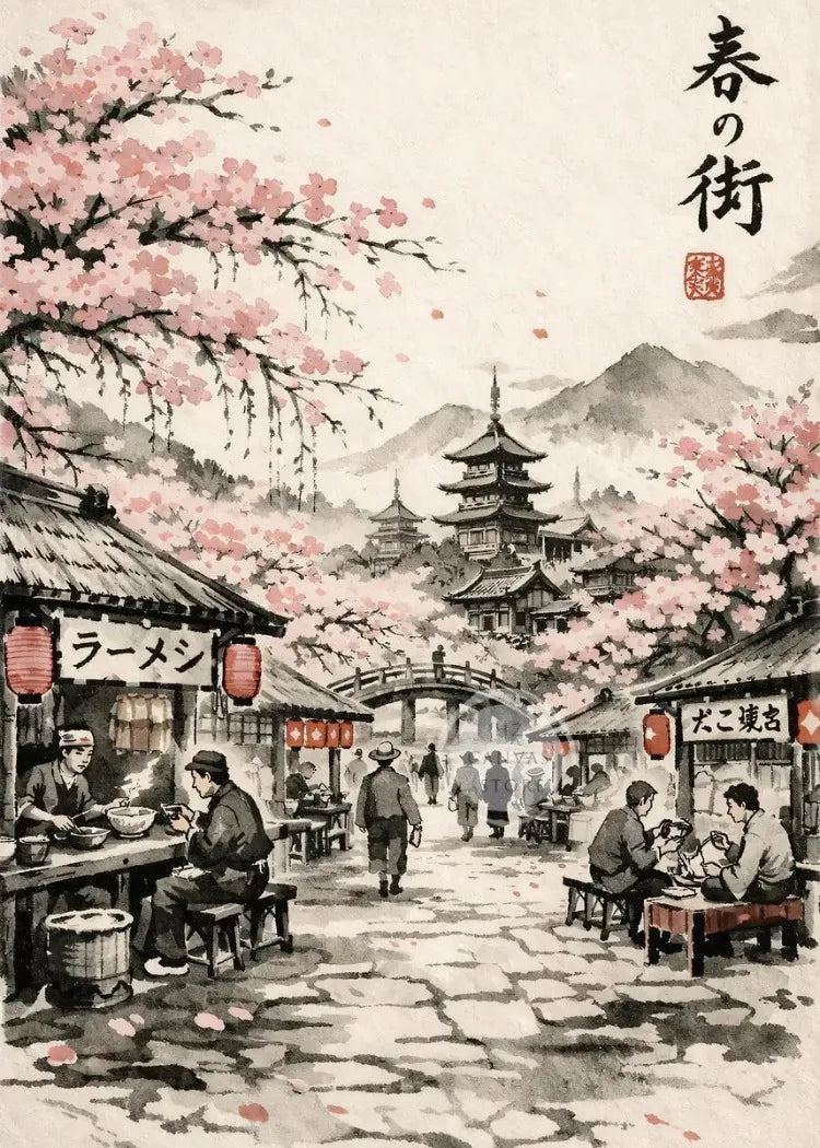 A watercolor painting depicting a street scene with cherry blossoms, traditional buildings, and people enjoying food.