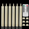 A set of beige flamed LED taper candles and a remote control with timer settings.