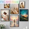 A collection of religious art paintings featuring Jesus and biblical scenes, including a painting of Jesus walking on water.