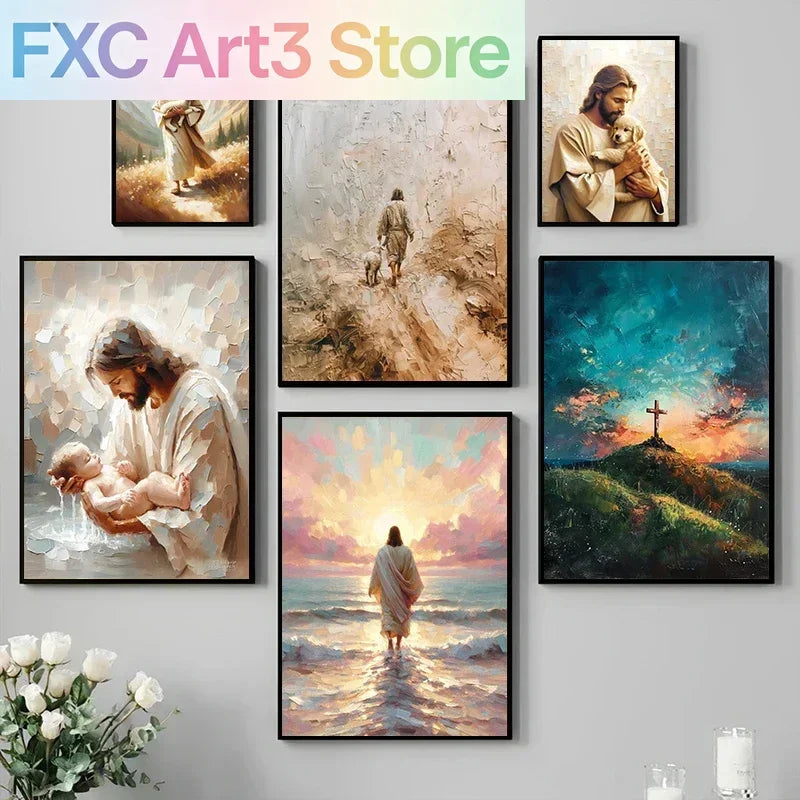 A collection of religious art paintings featuring Jesus and biblical scenes, including a painting of Jesus walking on water.