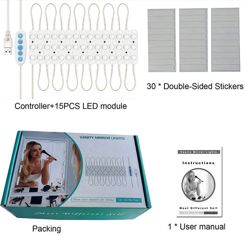 A set of USB LED vanity mirror lights including a controller, 15 LED modules, and user manual in packaging.