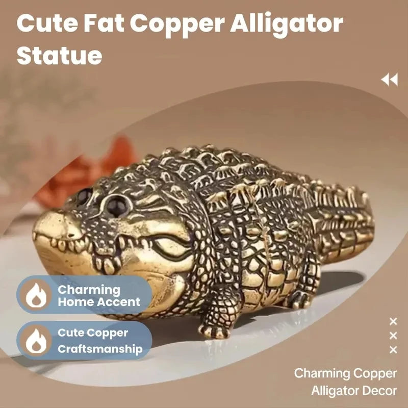 A detailed statue of a cute fat copper alligator made with craftsmanship.