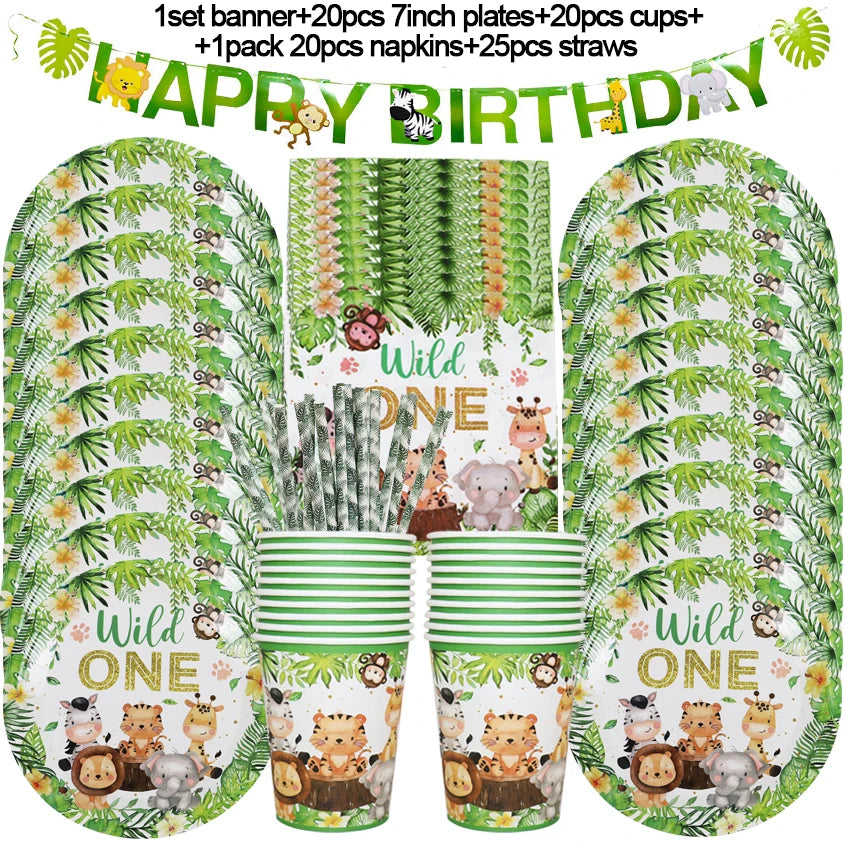 A set of safari jungle themed party tableware including banners plates cups napkins and straws