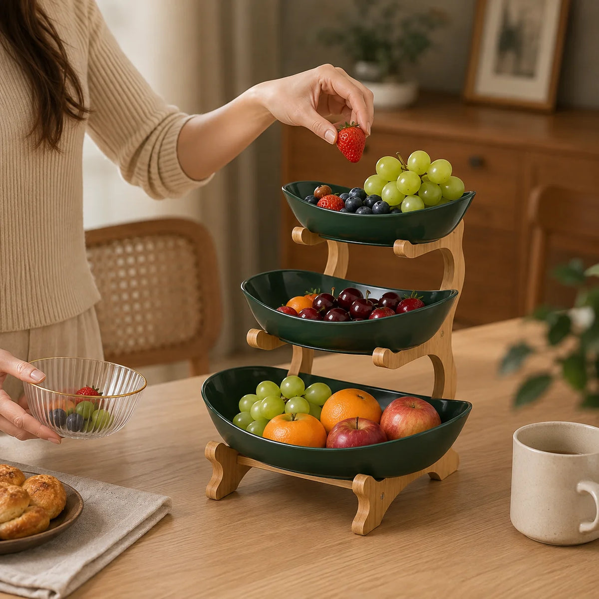 A hand is placing fruit into a green bamboo and plastic tiered basket stand filled with grapes, apples, and berries.