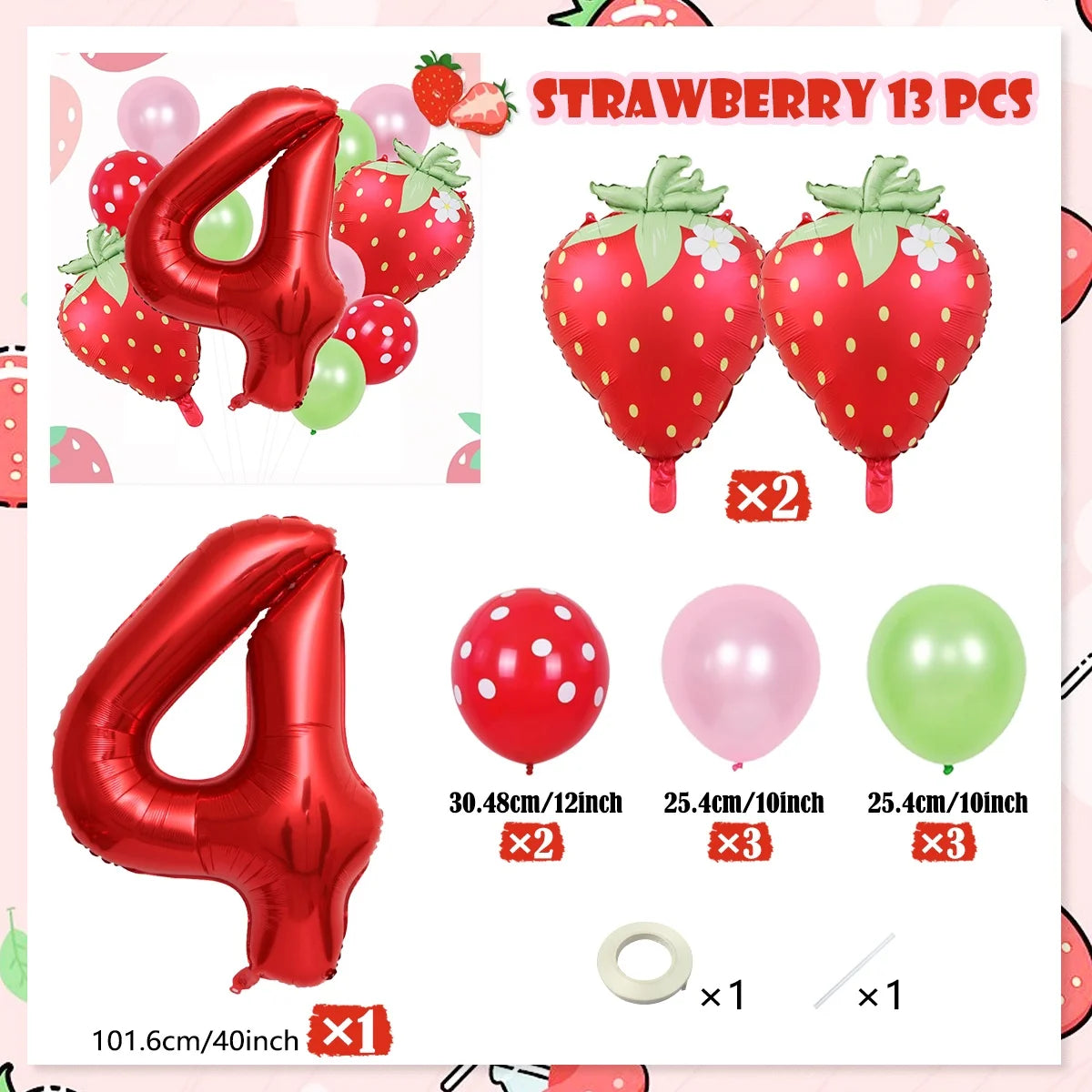Strawberry foil balloon set including large number balloons and latex balloons