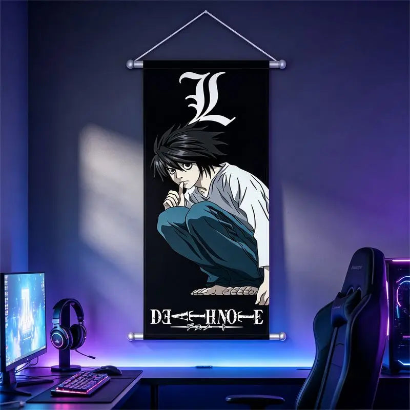 A dark poster featuring the Death Note anime character Light Yagami hanging on a wall.