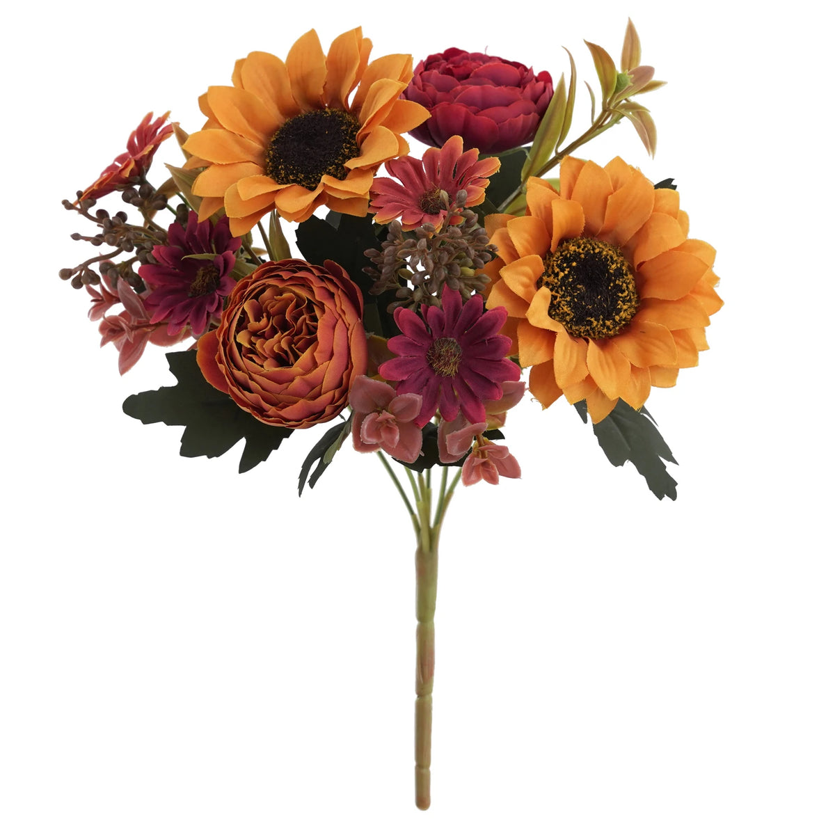 Un bouquet de fleurs artificielles avec des bourgeons de pivoine orange, jaune et rouge foncé.