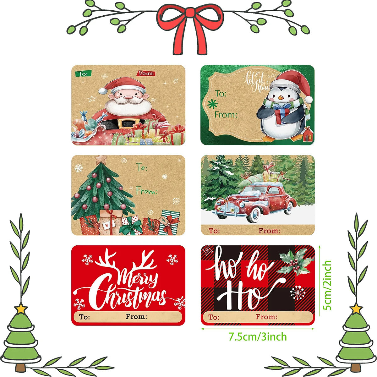 A set of decorative Christmas stickers including a Santa, a Christmas tree, and a Merry Christmas tag.