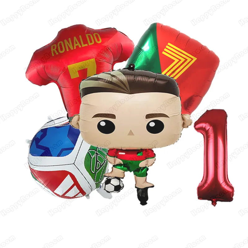 A set of red and green football-themed birthday balloons, including a balloon shaped like a soccer ball and a character figur