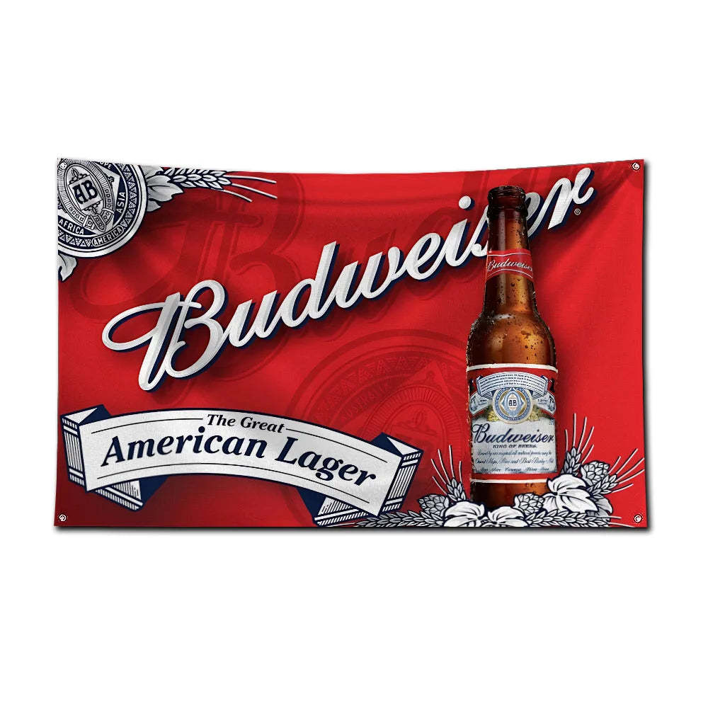 A red decorative flag featuring a Budweiser beer bottle and text for a bar or garage.