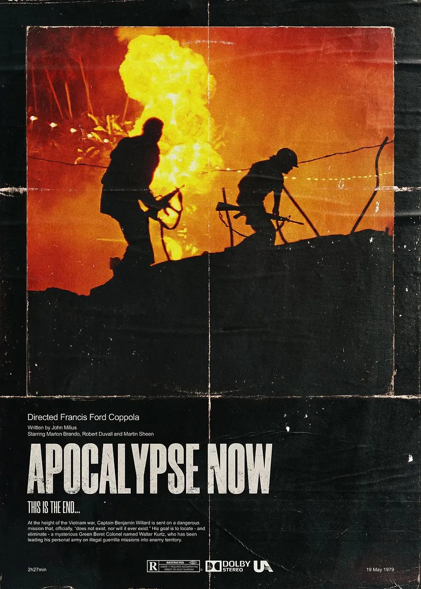 Poster for the film Apocalypse Now showing two figures silhouetted against a bright orange sunset.