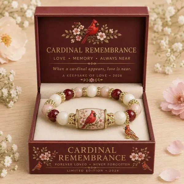A gold and pearl charm bracelet with a red bird pendant set in a maroon box.