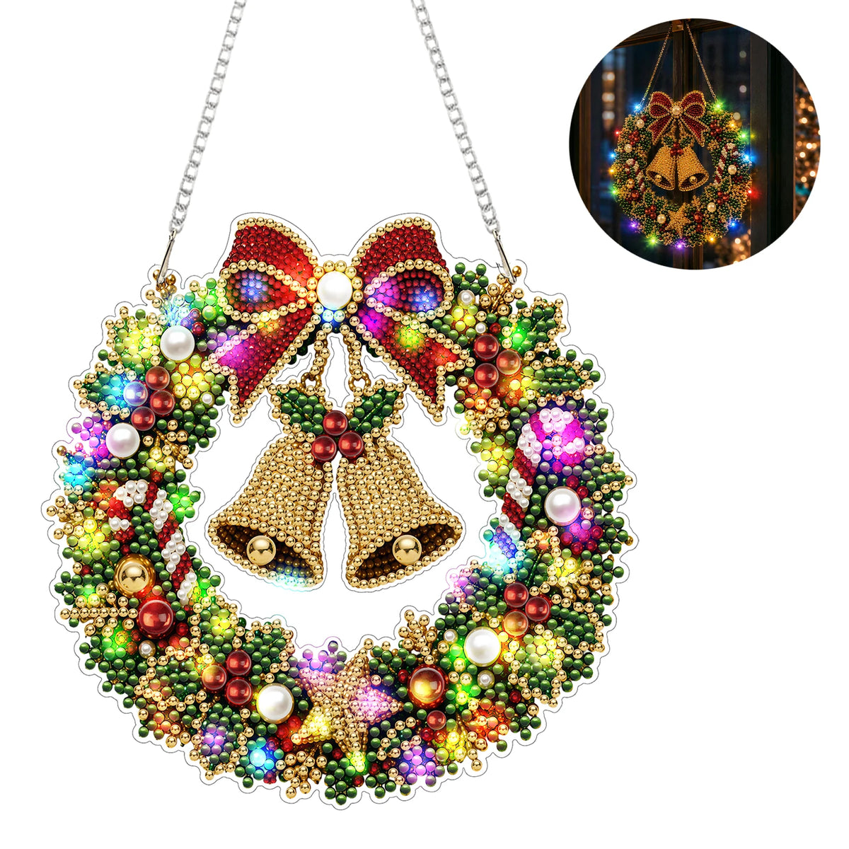An LED-illuminated diamond painting wreath kit featuring gold bells and colorful sparkling ornaments for Christmas decor.