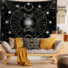 A dark tapestry featuring a celestial design of the sun, moon, and zodiac symbols on a black background.
