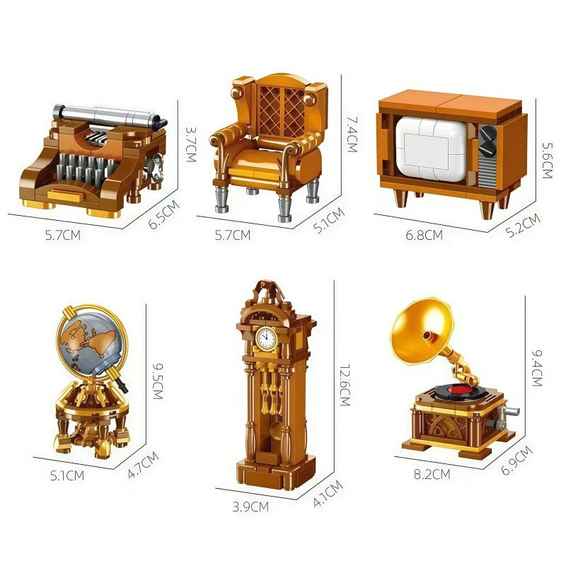 A set of six miniature furniture and appliance models made of wood or plastic in a vintage style.
