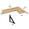 A wooden floating shelf piece with dimensions and mounting hardware shown for corner installation.