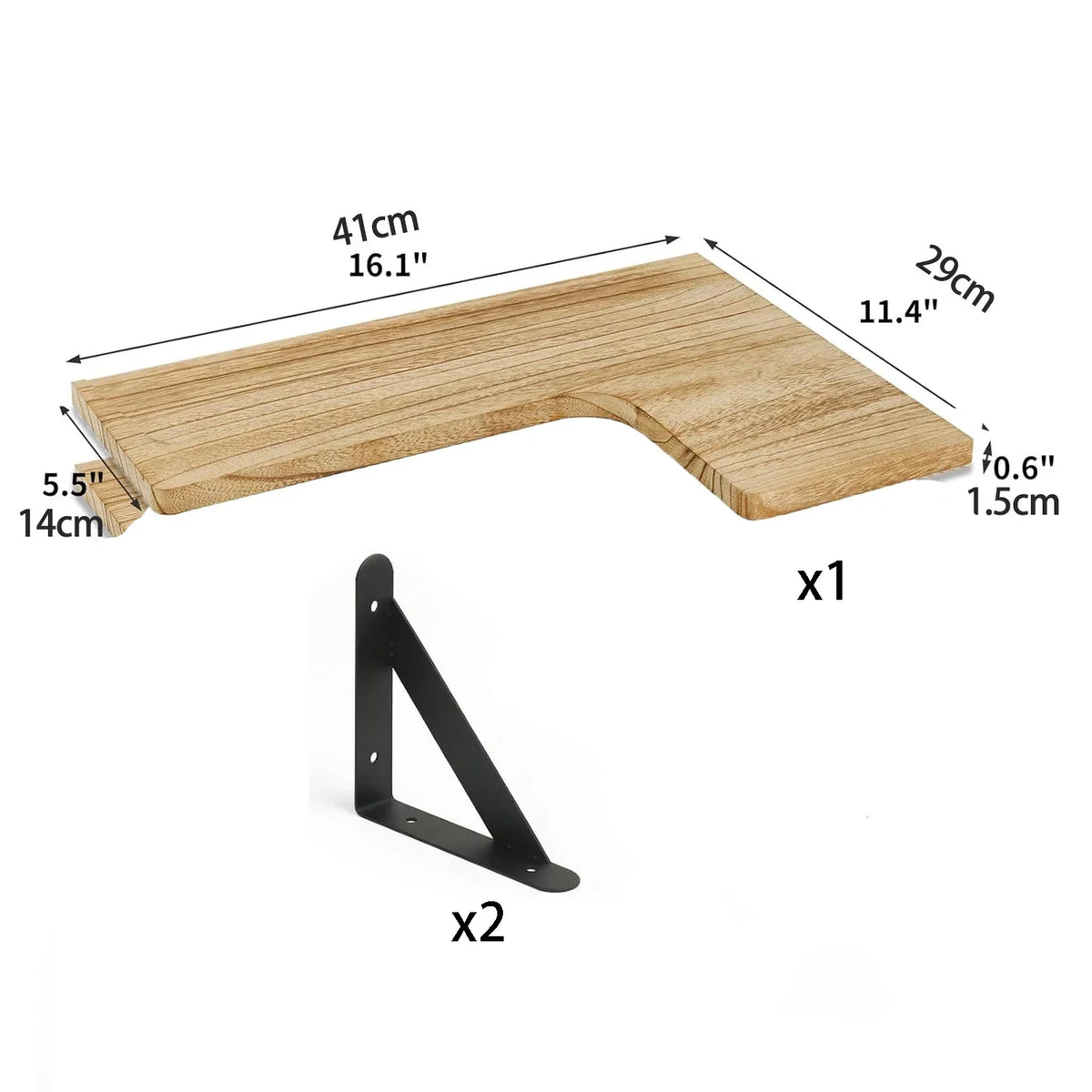 A wooden floating shelf piece with dimensions and mounting hardware shown for corner installation.