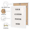 A white framed poster mockup showing the components: MDF frame, spring clip, and accessories for a custom photo canvas.