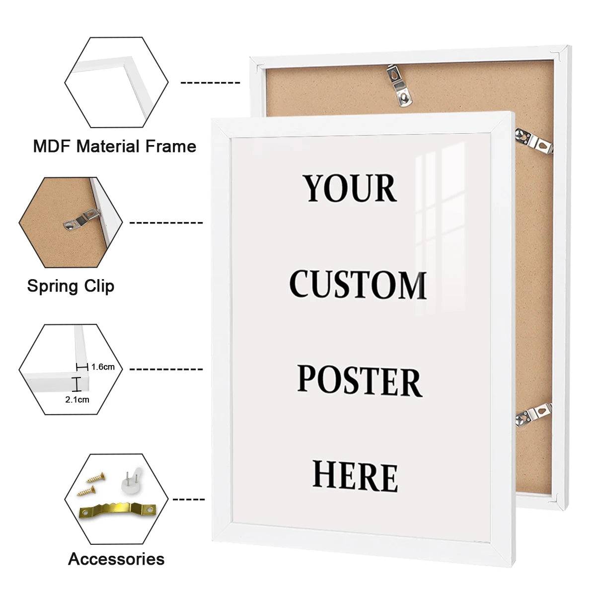 A white framed poster mockup showing the components: MDF frame, spring clip, and accessories for a custom photo canvas.