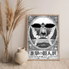 A framed piece of calligraphy wall art featuring a dark silhouette with large wings against a textured background.