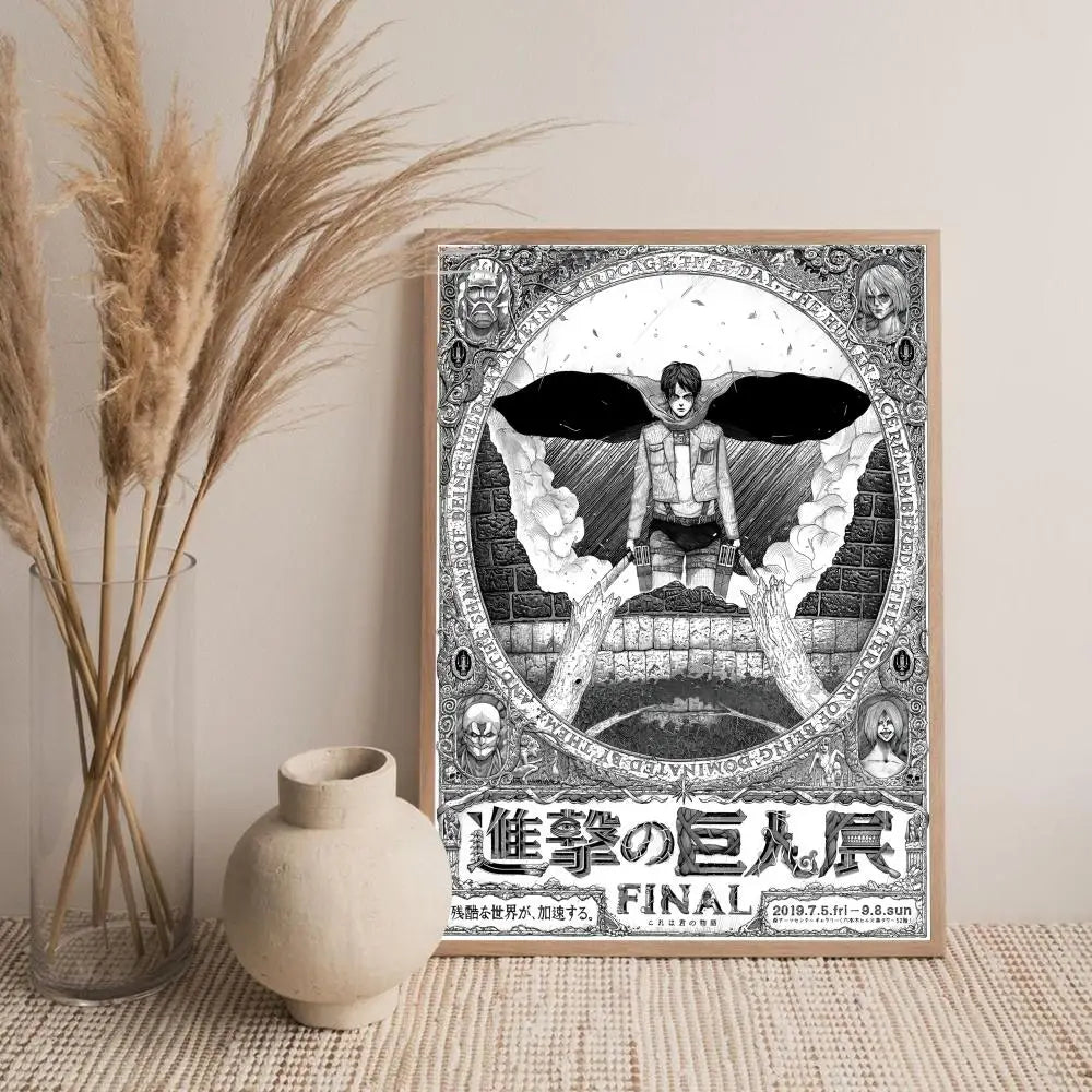 A framed piece of calligraphy wall art featuring a dark silhouette with large wings against a textured background.