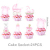 A set of 24 pink cake sockets shaped like baby bottles, a unicorn, and a bunny for baby shower decoration.