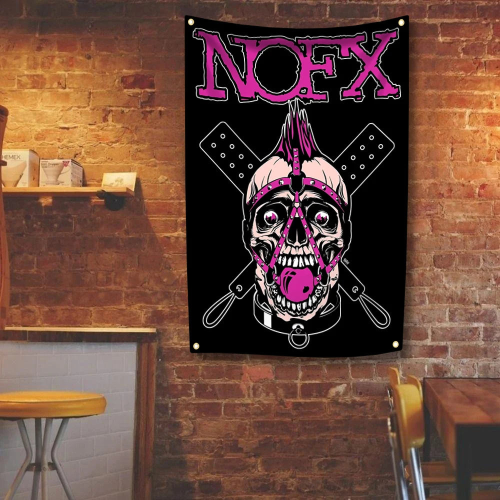 A black tapestry featuring a stylized skull with pink accents and the text NOFX in purple font.