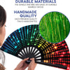 A hand is holding an open folding bamboo fan with colorful lights, showing the durable wood and handcrafted quality.