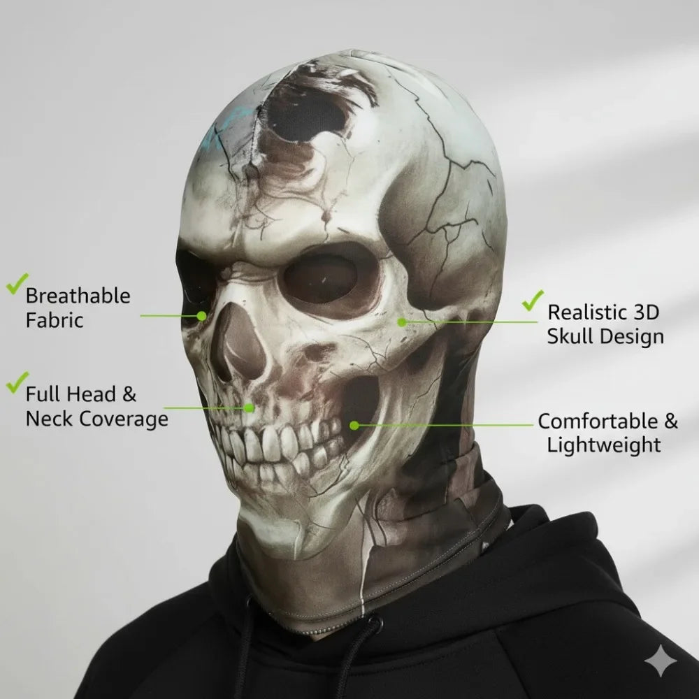 A realistic 3D skull balaclava mask covering the head and neck, designed for comfort and lightweight wear.