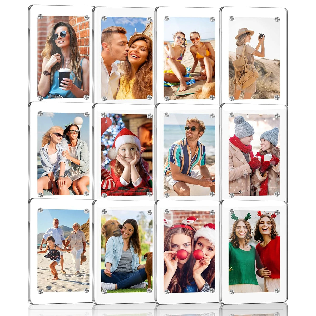 A collection of six clear acrylic magnetic photo frames featuring diverse women and a man.