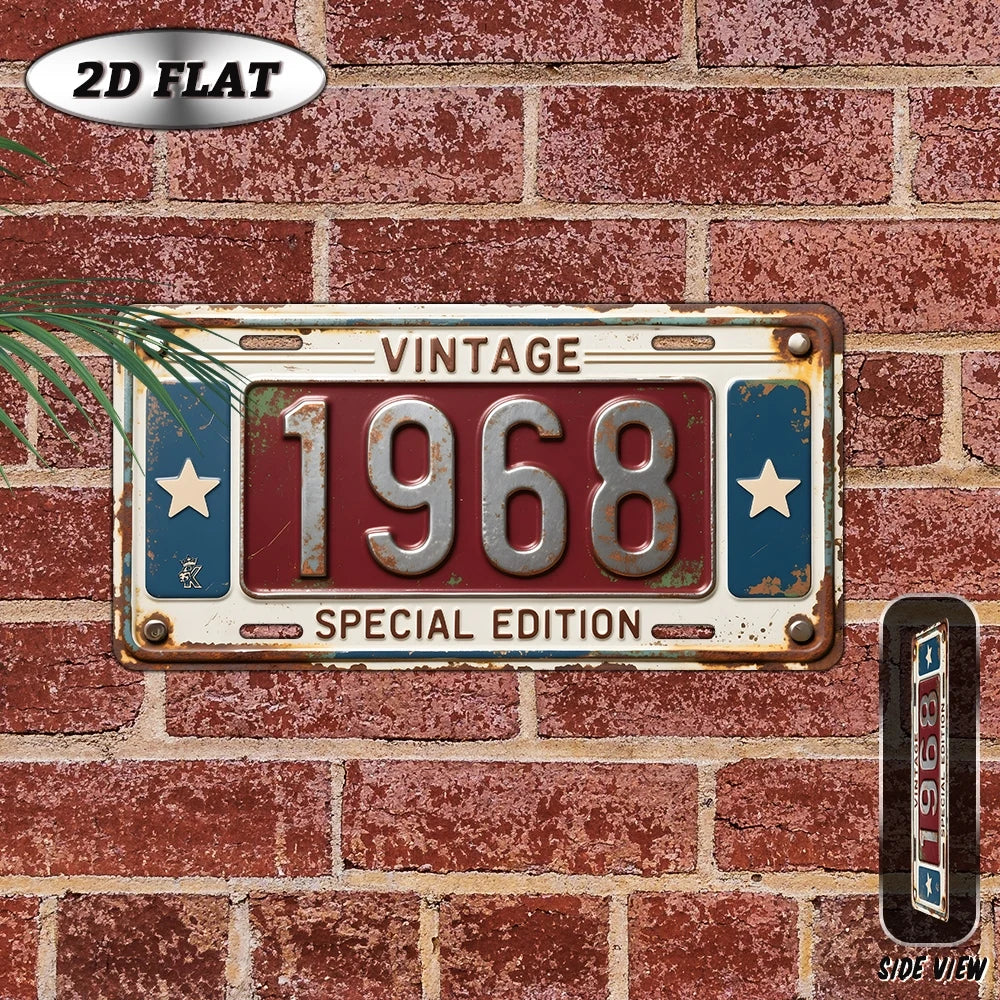 A vintage metal plaque with the year 1968 is mounted on a brick wall.