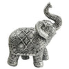 Silver resin elephant sculpture with intricate detailing and a curved trunk
