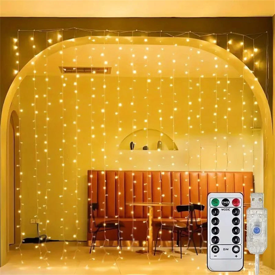 LED curtain string lights illuminating a yellow arched room with a wooden bench and table.