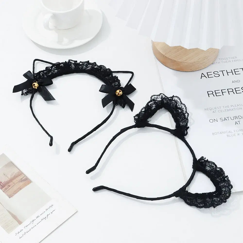 Lace Cat Ear Headband with Elegant Bow Details